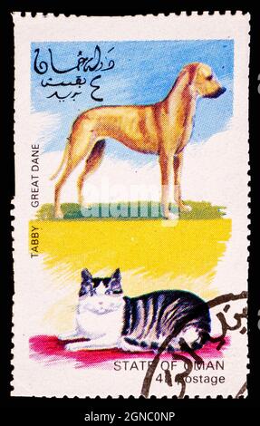 OMAN - VERS 1972: Timbre-poste d'Oman montrant le chat de Tabby et le Grand chien de Dane Banque D'Images