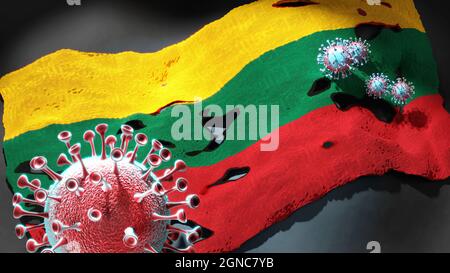 Covid en Lituanie - coronavirus attaquant un drapeau national de la Lituanie comme symbole d'une lutte et d'une lutte contre la pandémie de virus dans ce pays, 3 Banque D'Images