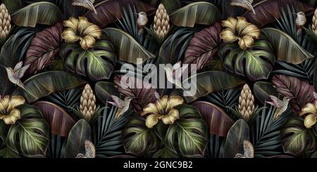 Motif exotique tropical sans couture avec hibiscus doré, broméliade, oiseaux, monstère, feuilles de banane, paume, colocasie. Illustration 3D dessinée à la main. Banque D'Images