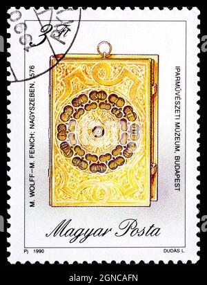 HONGRIE - VERS 1990: Un timbre imprimé par la Hongrie, montre Antique Clock Banque D'Images