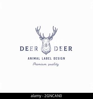Tête de cerf avec modèle de symbole, de symbole ou de logo abstrait Antlers. Silhouette d'esquisse animale dessinée à la main avec Typographie rétro. Isolé Illustration de Vecteur