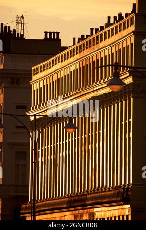 Brunswick Terrace, qui fait partie d'un complexe de maisons Regency à Hove, sur le front de mer de Brighton et Hove, éclairé par les derniers rayons du soleil couchant. East Sussex Angleterre Royaume-Uni Banque D'Images