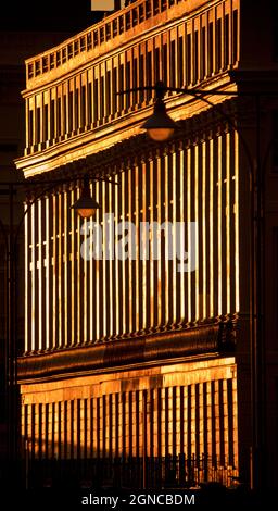 Brunswick Terrace, qui fait partie d'un complexe de maisons Regency à Hove, sur le front de mer de Brighton et Hove, éclairé par les derniers rayons du soleil couchant. East Sussex Angleterre Royaume-Uni Banque D'Images