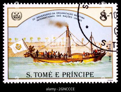 ST. ÎLES THOMAS ET PRINCE - VERS 1984: Un timbre imprimé à Saint-Thomas et les îles Prince montre le navire à vapeur Elise, série est consacrée à l'histoire Banque D'Images