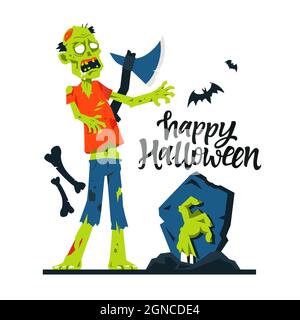 Joyeux Halloween - dessin animé moderne de couleur illustration. Zombie avec la peau verte se tient devant une pierre tombale, d'où atteint le bras d'un R. Illustration de Vecteur