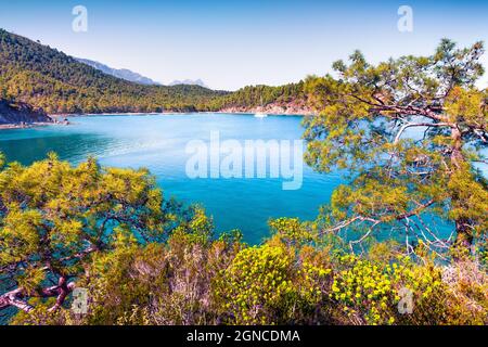 Paysage marin méditerranéen incroyable en Turquie. Vue de source lumineuse d'une petite baie d'azur près du village de Tekirova, district de Kemer, province d'Antalya. Beau Banque D'Images