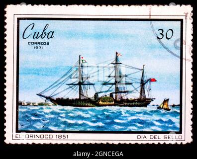 CUBA - VERS 1971: Un timbre imprimé à Cuba montre l'image des bateaux à vapeur Orinoco Banque D'Images