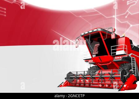 Concept d'innovation agricole, moissonneuse-batteuse agricole avancée rouge drapeau indonésien - illustration numérique en 3D industrielle Banque D'Images