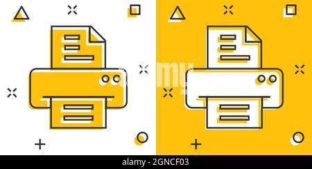 Icône imprimante de bureau en style comique. Illustration vectorielle de la bande dessinée de télécopie sur fond blanc isolé. Concept commercial impression de texte effet de destruction. Illustration de Vecteur