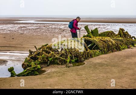 Marcheur plus âgé regardant le sous-marin Midget de classe XT de la Seconde Guerre mondiale enterré dans le sable à marée basse, Aberlady Bay, East Lothian, Écosse, Royaume-Uni Banque D'Images