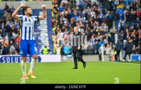 Brendan Rodgers, directeur de Leicester, semble abattu lors du dernier coup de sifflet lors du match Premier League entre Brighton et Hove Albion et Leicester City au stade de la communauté American Express, Brighton, Royaume-Uni - 19 septembre 2021 - usage éditorial uniquement. Pas de merchandising. Pour les images de football, les restrictions FA et Premier League s'appliquent inc. Aucune utilisation Internet/mobile sans licence FAPL - pour plus de détails, contactez football Dataco Banque D'Images