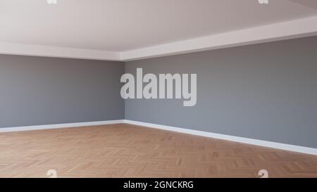 Magnifique coin intérieur avec murs gris, parquet et un Plinth blanc. Rendu 3D, Ultra HD 8K 7680x4320 Banque D'Images