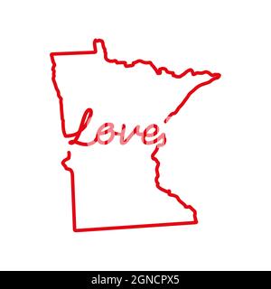 Carte rouge de l'état des États-Unis du Minnesota avec le mot D'AMOUR manuscrit. Dessin de ligne continue de signe de maison patriotique. Un amour pour une petite patrie. Interi Illustration de Vecteur