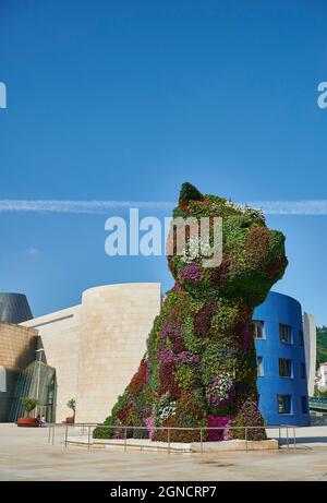Vue sur le 'Puppy' la célèbre sculpture de Jeff Koons en plein air du musée Guggenheim, Bilbao, Gascogne, pays Basque Banque D'Images