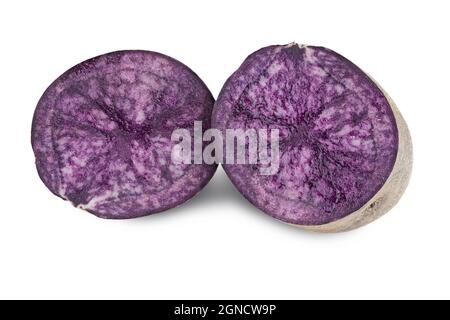 Pommes de terre violettes fraîches isolées sur fond blanc. Le fichier contient un chemin d'écrêtage. Profondeur de champ complète. Banque D'Images