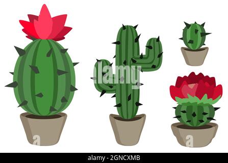 Cacti plante en pot dessin animé élément ensemble couleur, vecteur isolé, sur blanc, découpé, horizontal Illustration de Vecteur