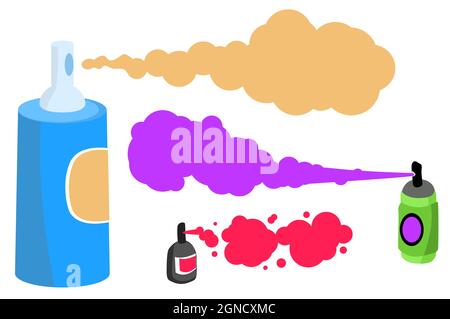 Les boîtes de peinture en aérosol ont utilisé la couleur de l'ensemble d'éléments de dessin animé, vecteur isolé, sur blanc, découpé, horizontal Illustration de Vecteur