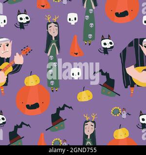 Motif sans couture avec Crazy Music Party avec groupe de personnages de dessin animé Halloween Illustration de Vecteur