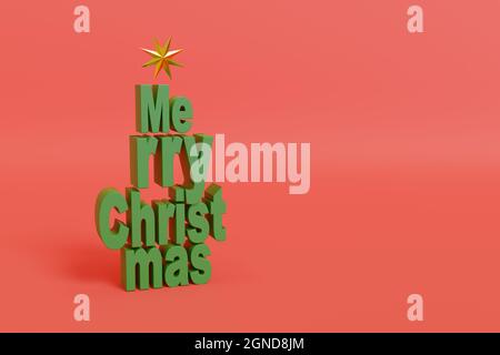 Merry Christmas texte en trois dimensions en vert isolé sur fond rouge. illustration 3d. Banque D'Images