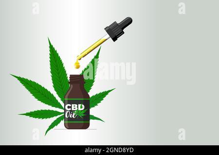 Bannière d'huile CBD.Flacon en verre brun avec feuille de chanvre et goutte liquide de pipette.Extrait de cannabis Mockup en pot.Logo de marijuana à usage médical sur l'étiquette d'emballage.Illustration du vecteur eps Illustration de Vecteur