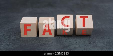 Les mots fact et fake sont debout sur des blocs de bois en lettres rouges Banque D'Images