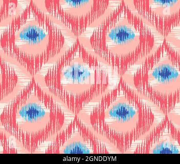 Motif vectoriel vintage sans coutures dans un style ikat. Motif rose ikat rétro avec plumes de paon abstraites. Illustration de Vecteur