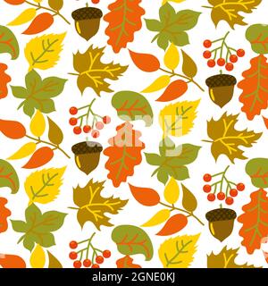 Motif sans couture avec feuilles, glands et baies brillants sur fond blanc et style plat. Jaune, orange, rouge, vert et or. Automne Illustration de Vecteur