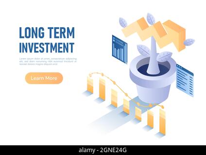 bannière web isométrique 3d plante qui grandit comme un graphique de flèche de croissance. Concept d'investissement à long terme. Illustration de Vecteur