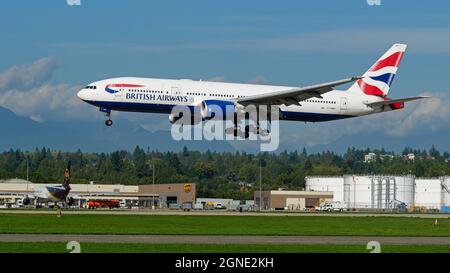 Richmond, Colombie-Britannique, Canada. 23 septembre 2021. Un Boeing 777-200ER (G-YMMJ) de British Airways atterrit à l'aéroport international de Vancouver. (Credit image: © Bayne Stanley/ZUMA Press Wire) Credit: ZUMA Press, Inc./Alamy Live News Banque D'Images