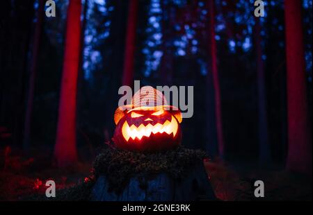 Lanterne traditionnelle à tête de Jack pour Halloween sur le fond de la forêt. Banque D'Images