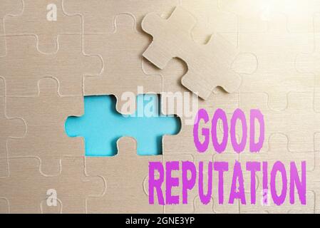 Texte montrant l'inspiration bonne réputation. Le mot écrit sur le client pose sa confiance et sa loyauté dans la marque construire un Jigsaw blanc non fini Banque D'Images