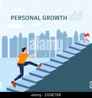 Développement personnel concept de jeune homme en train de monter un escalier. Auto-amélioration, succès de l'auto-développement, réalisation, motivation. Style moderne de dessin animé plat Illustration de Vecteur