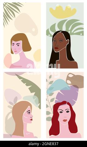 Ensemble femme portraites minimaliste abstrait style contemporain. Femmes visages flore feuilles formes vase silhouette fond tendance concept d'art moderne Illustration de Vecteur