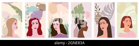 Ensemble femme portraites minimaliste abstrait style contemporain. Femmes visages flore feuilles formes vase silhouette fond tendance concept d'art moderne Illustration de Vecteur