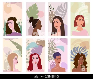 Collection femme portraites minimaliste abstrait style contemporain. Femmes visages flore feuilles formes vase silhouette fond tendance concept d'art moderne Illustration de Vecteur