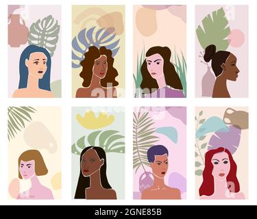 Collection femme portraites minimaliste abstrait style contemporain. Femmes visages flore feuilles formes vase silhouette fond tendance concept d'art moderne Illustration de Vecteur