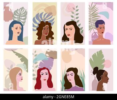 Ensemble femme portraites minimaliste abstrait style contemporain. Femmes visages flore feuilles formes vase silhouette fond tendance concept d'art moderne Illustration de Vecteur