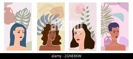 Ensemble femme portraites minimaliste abstrait style contemporain. Femmes visages flore feuilles formes vase silhouette fond tendance concept d'art moderne Illustration de Vecteur