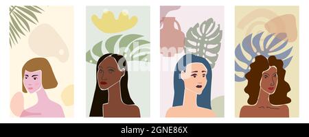 Ensemble femme portraites minimaliste abstrait style contemporain. Femmes visages flore feuilles formes vase silhouette fond tendance concept d'art moderne Illustration de Vecteur