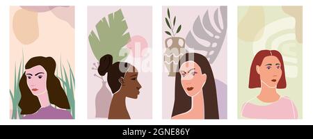 Ensemble femme portraites minimaliste abstrait style contemporain. Femmes visages flore feuilles formes vase silhouette fond tendance concept d'art moderne Illustration de Vecteur