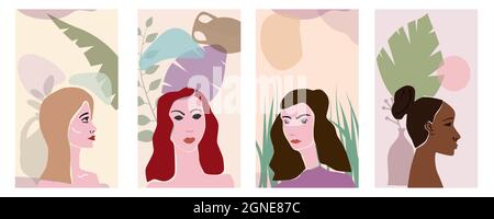 Collection femme portraites minimaliste abstrait style contemporain. Femmes visages flore feuilles formes vase silhouette fond tendance concept d'art moderne Illustration de Vecteur