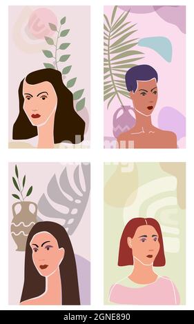 Divers portraitites femme minimaliste abstrait style contemporain. Femmes visages flore feuilles formes vase silhouette fond tendance concept d'art moderne Illustration de Vecteur