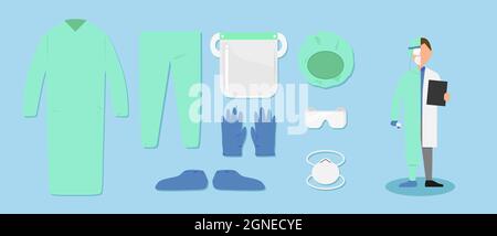 Ensemble vectoriel d'équipements médicaux de protection individuelle sous forme de capuchon de filet à cheveux jetable, masque respiratoire, lunettes de protection, masque facial, gants, corniche de patin Illustration de Vecteur