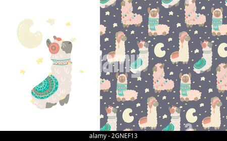 Ensemble de cartes et joli motif puéril avec constellations de lamas. Affiche et texture animalistes douces avec étoiles et croissant de lune la nuit. ALPAC Illustration de Vecteur