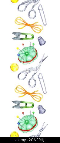 Motif aquarelle outils de travail à l'aiguille vertical motif sans couture. Ciseaux, filetage, goupille de sécurité, tambour, boutons, coussin d'épingle. Ensemble de bordures dessinées à la main, Banque D'Images