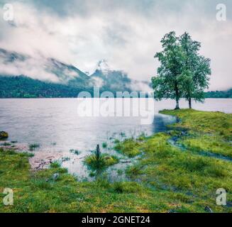 Magnifique vue d'été sur le lac Innerdalsvatna. Scène romantique le matin en Norvège, Europe. Beauté de la nature concept fond. Mode de filtre Instagram Banque D'Images