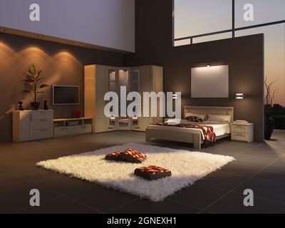 Intérieur moderne avec moquette blanche devant le lit, tables de chevet, armoire, télévision, murs marron, Carreaux bruns, spots et grande fenêtre. Banque D'Images