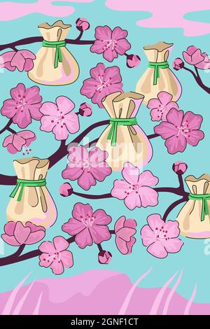 Cuisine chinoise wonton poster concept.Chine boulettes nationales cuites à la vapeur dim sum sur les branches de prune ou de pêche avec fleurs de fleurs.Affiche de vecteur alimentaire asiatique pour la publicité orientale d'un café ou d'un restaurant Illustration de Vecteur