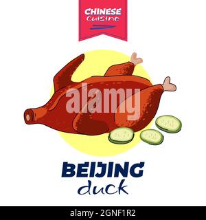 Cuisine chinoise concept de bannière de canard de pékin.Plat national chinois rôti de viande épicée de pékin.Illustration de l'art de dessin des eps de vecteur alimentaire asiatique pour la publicité orientale d'un café ou d'un restaurant Illustration de Vecteur