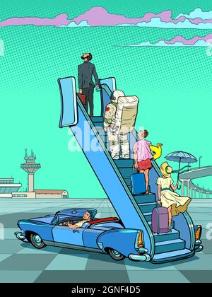 Les touristes se tiennent sur l'échelle de l'avion. Verrouillage et interdiction de vol. En attente de vacances et de voyage Illustration de Vecteur